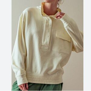 Urban Daizy Cream Terry Quilted Shoulder 1/2 Button Pullover Sweatshirt Top